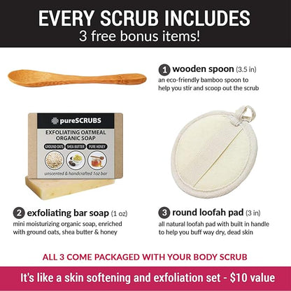 pureSCRUBS Premium Rose Body Scrub Set - Large 16oz Dead Sea Salt Body Scrub With Infused Essential Oils & Nutrients, Includes Wooden Spoon, Loofah & Oatmeal Exfoliating Bar Soap