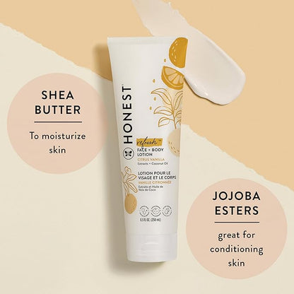 The Honest Company Hydrating Face + Body Lotion | Fast Absorbing, Naturally Derived, Hypoallergenic | Citrus Vanilla Refresh, 8.5 fl oz