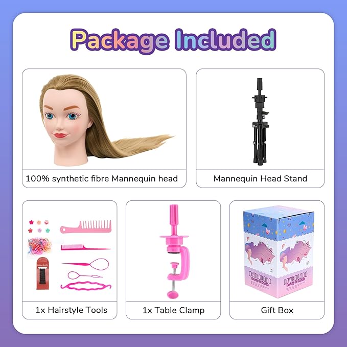 Neverland Beauty Mannequin Head with Hair with Tripod Stand, 20 Inch Cosmetology Manikin Practice Braiding Doll Head for Hair Styling, Training Head for Braiding Hairdressing for Kids