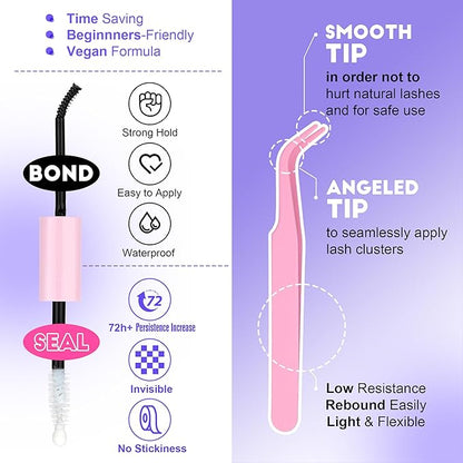 Pawotence Lash Clusters Kit 40D Individual Lashes Extension Kit DIY 280pcs 9-16mm Cluster Eyelash Extension Kit with Lash Bond and Seal, Lash Tweezers for Self Use (40D, 0.07D, 9-16mm, Kit)