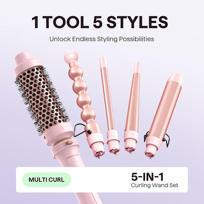 Wavytalk 5 in 1 Curling Iron,Curling Wand Set with Curling Brush and 4 Interchangeable Ceramic Curling Wand(0.5”-1.25”),Instant Heat Up,Include Heat Protective Glove & 2 Clips (Pink)