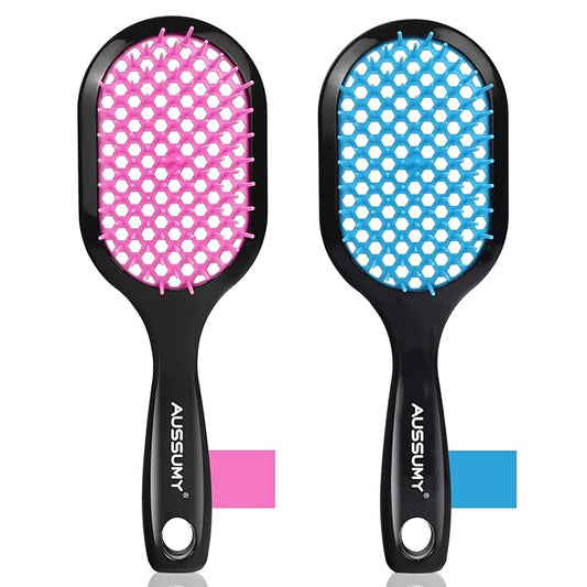 Vented Detangling Hair Brush - 2 Pack Detangler Hairbrush for Effortless Tangle Removal - Ultra-Soft Bristles -For Natural Curly Straight Wet Dry Damaged Hair for Women Men Kids - Blue & Pink