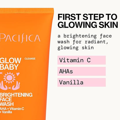 Pacifica Glow Baby Brightening Facial Cleanser 5oz – Vitamin C & Glycolic Acid (AHA) Face Wash for Radiance – Daily Cleanser for Anti-Aging Exfoliating for Smooth, Even Glowing Skin Vegan Clean Beauty