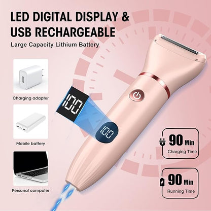 Bikini Trimmer for Women- 3 in 1 Painless Electric Razors for Women,Waterproof Pubic Hair Trimmer and Facial Hair Remover,LCD Display Body Shaver for Trip,Rechargeable Women's Grooming Kit