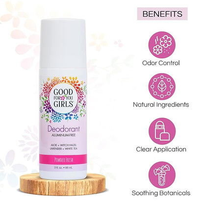 Good for You Girls Aluminum-Free, Natural Deodorant for Kids, Preteens, Teens, Safe & Effective Odor Protection, Clear Roll-On, Vegan, Natural Fragrance | Soft Powder, 3 oz (Pack of 1)