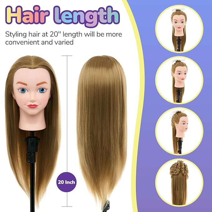 Neverland Beauty Mannequin Head with Hair with Tripod Stand, 20 Inch Cosmetology Manikin Practice Braiding Doll Head for Hair Styling, Training Head for Braiding Hairdressing for Kids