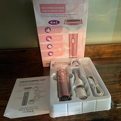 Electric Razor for Women, Hair Trimmer for Bikini Legs Womens Shaving Eyebrow Lips Body Face Beard Mustache Nose Arm Armpit Facial Hair Removal for Women's Shaver 4 in 1 Kit, Type-C Charging Port