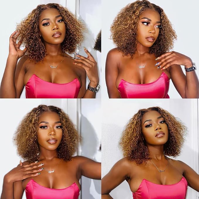 Wear And Go Glueless Wigs Human Hair Pre Plucked Pre Cut 4/27 Highlight Curly Bob Lace Closure Wigs 5x5 HD Lace Closure Wigs Human Hair For Black Women 180% Density Water Wave Lace Front Wig 12 Inch