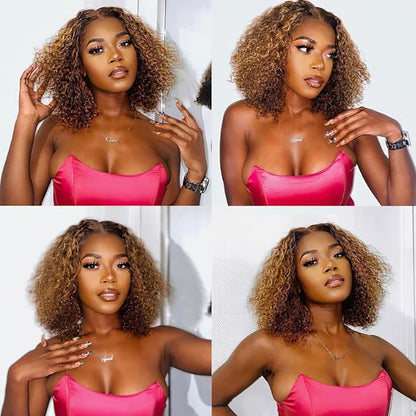 Wear And Go Glueless Wigs Human Hair Pre Plucked Pre Cut 4/27 Highlight Curly Bob Lace Closure Wigs 5x5 HD Lace Closure Wigs Human Hair For Black Women 180% Density Water Wave Lace Front Wig 12 Inch