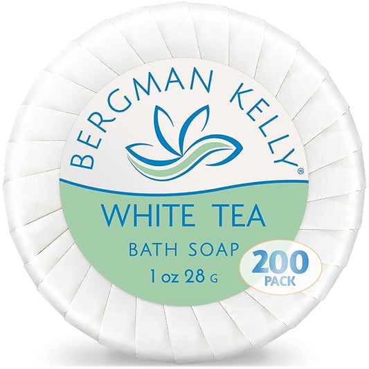 BERGMAN KELLY - Hotel Soap Bars - White Tea, 1 oz, 200 PK - Travel Size Luxury Bulk Amenities Bar Soap, Mini Individually Wrapped Round Soap - Small Toiletries for Airbnb, Motel, Guest Bathroom