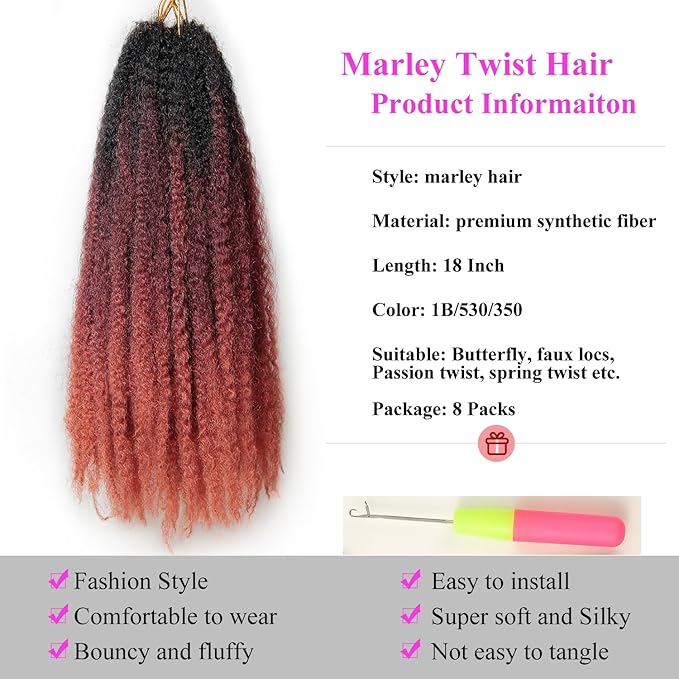 Marley Twist Braiding Hair 18 Inch 8 Packs – Fluffy&Tangle-Free Cuban Twist Hair for Braiding, Natural Look Synthetic Long-Lasting Spring Afro Kinky Twist Hair Extensions (T1B/530/350)