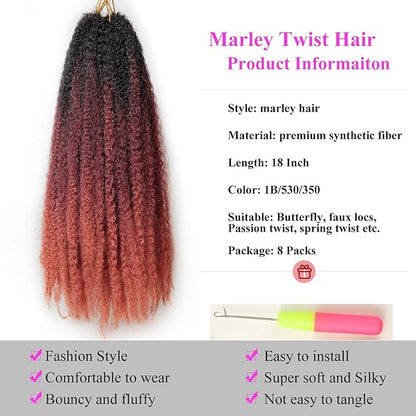 Marley Twist Braiding Hair 18 Inch 8 Packs – Fluffy&Tangle-Free Cuban Twist Hair for Braiding, Natural Look Synthetic Long-Lasting Spring Afro Kinky Twist Hair Extensions (T1B/530/350)