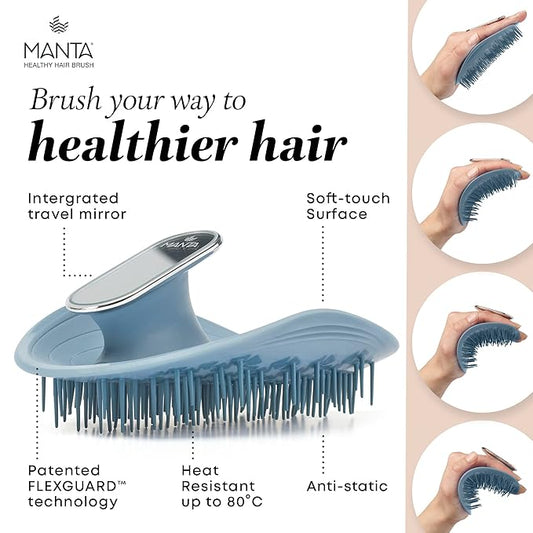 Manta Mirror Anti-Breakage Hairbrush – Travel Brush for Women, Gentle Wet & Dry Detangling Brush with Scalp Massager, Blue