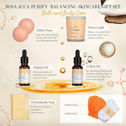 Fathers Day Gifts, Skin Care Set for Women & Men - Rosa Acca 28pcs Facial Kit at Home, Birthday Gifts Orange Vitamin C, Spa Gift Baskets for Women, Face Cream, Bath Oil, Mothers Day, Christmas, Dad