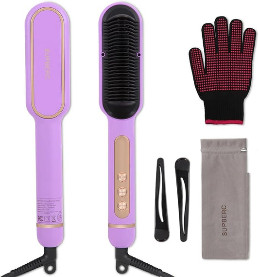 Negative Ionic Hair Straightener Brush with 9 Temp Settings, 30s Fast Heating Hair Straightening Comb with LED Display, Anti-Scald & Auto-Shut Off Hair Brush Straightener for Women (Purple)