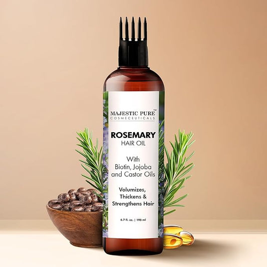 Majestic Pure 100% Pure Oil with Biotin for Hair Care, Strengthening, Nourishing, and Volumizing Formula with Jojoba Oil and Castor Oil - Non GMO Verified (6.7 Fl Oz (Pack of 2), Rosemary)
