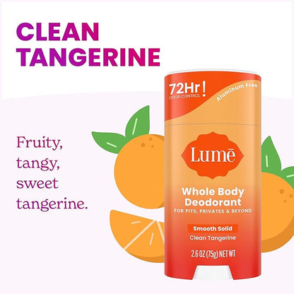 Lume Whole Body Deodorant - Smooth Solid Stick - 72 Hour Odor Control - Aluminum Free, Baking Soda Free and Skin Loving - 2.6 Ounce (Pack of 3) (Clean Tangerine)