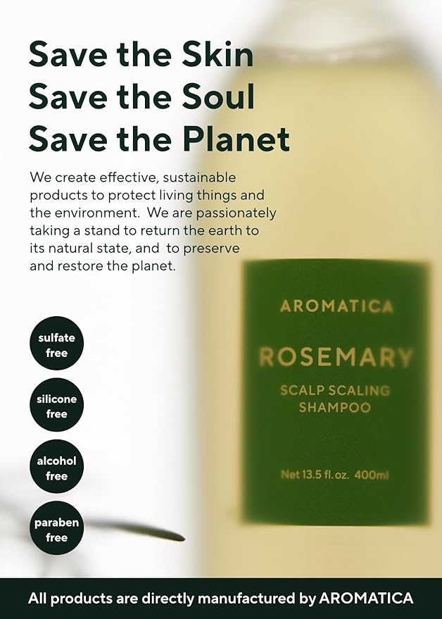AROMATICA Rosemary Scalp Scaling Shampoo - Thinning Hair Loss Natural Rosemary Essential oil for Women - Vegan Hair Growth Biotin Shampoo - Free from Sulfate, Silicone, and Paraben (13.53 oz)
