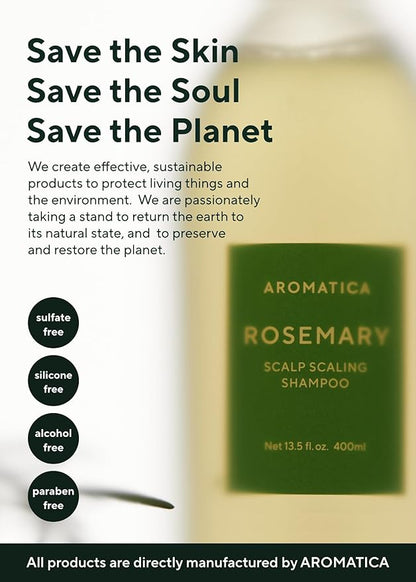 AROMATICA Rosemary Scalp Scaling Shampoo - Thinning Hair Loss Natural Rosemary Essential oil for Women - Vegan Hair Growth Biotin Shampoo - Free from Sulfate, Silicone, and Paraben (13.53 oz)