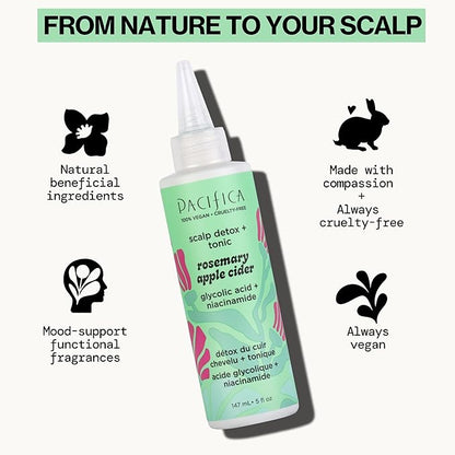 Pacifica Scalp Detox Set – Rosemary Apple Cider Vinegar Scalp Exfoliating Tonic with Scalp Massager Brush, Deep Cleansing & Clarifying Treatment for Buildup, Dry Flaky Scalp, Vegan