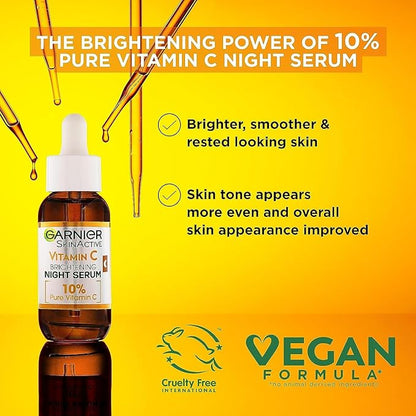 Garnier Targeted Anti Dark Spot Night Serum for Face, with 10% Pure Vitamin C & Hyaluronic Acid, Anti Pigmentation & Dullness, For All Skin Types, Approved by Cruelty Free International, Vegan, 30 ml