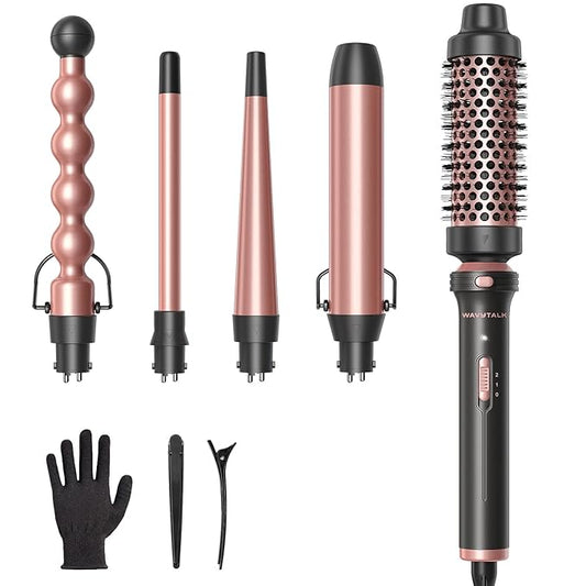 Wavytalk 5 in 1 Curling Wand Set, Multi Curl, Curling Wand Set with Curling Brush and 4 Interchangeable Ceramic Curling Wand(0.5”-1.25”), Instant Heat Up Wand Curling Iron (Rose Gold)