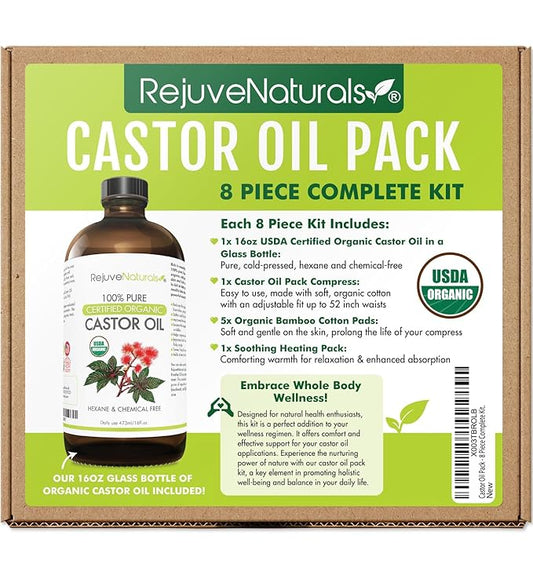 RejuveNaturals Castor Oil Pack - 8 Piece Complete Kit. Includes 16oz Glass Bottle of Organic Castor Oil, Easy to use Castor Oil Compress with Adjustable Fit, 5 Soft Cotton Pads & Soothing Heat Pack..
