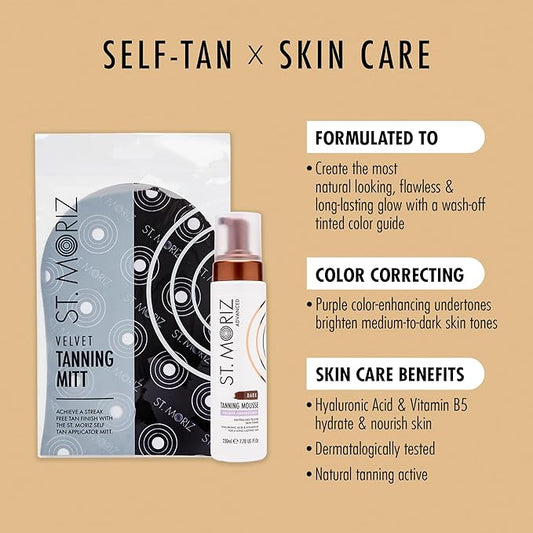 St. Moriz Advanced Color Correcting Self Tanner Mousse in Dark with Tanning Mitt Bundle - Sunless Tanner for Face & Body with Hyaluronic Acid & Vitamin B5 (7.78 fl oz)