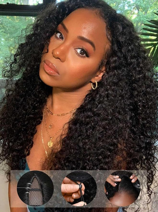 Beauty Forever V Part Curly Wig Human Hair EasiContour Vpart Wigs No Leave Out Glueless Upgraded U Part Wigs for Women Clip In Half Wig None Lace Front Wigs Natural Color 150% Density 14inch