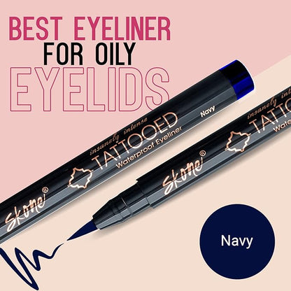 Skone Cosmetics Insanely Intense Tattooed Eyeliner Pen - Waterproof Liquid Eyeliner, Long Lasting, Sweat Proof, Smudge Proof Felt Tip Liquid Eyeliner - Pigmented Eye Liner Makeup - Navy (0.07oz)