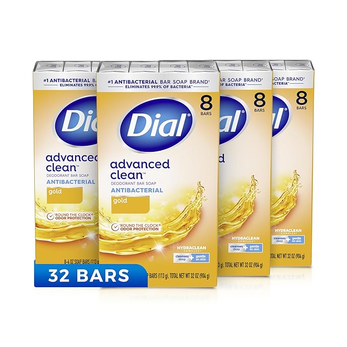 Dial Antibacterial Deodorant Bar Soap, Advanced Clean, Gold, 4 Oz, 32 Bars