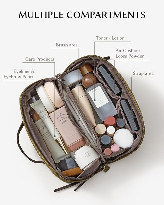 EACHY Travel Makeup Bag,Large Capacity Cosmetic Bags for Women,Waterproof Portable Pouch Open Flat Toiletry Bag Make up Organizer with Divider and Handle