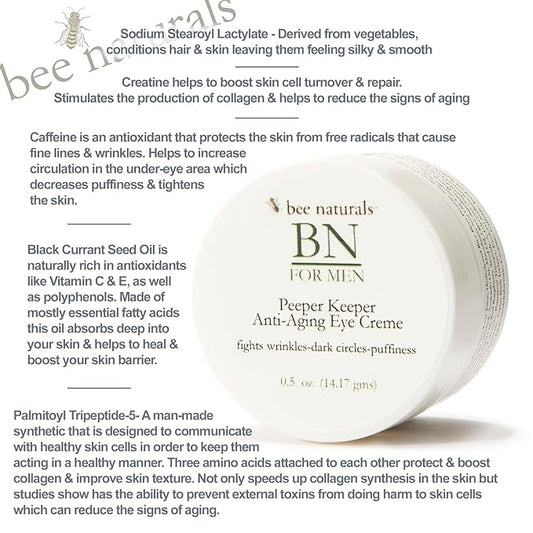 Bee Naturals Peeper Keeper Men’s Eye Crème 0.5 oz – Hydrating Eye Cream with Peptides & Caffeine – Reduces Appearance of Puffiness, Dark Circles & Fine Lines – Lightweight, Fast-Absorbing