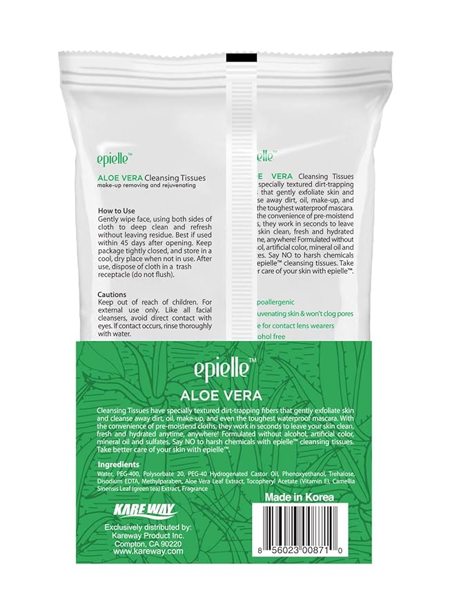 Epielle Aloe Vera Makeup Remover Cleansing Wipes | 60 Count, 2-Pack | Gentle Towelettes for All Skin Types | Ideal for Beauty Gifts, Spa Days & Gift Sets | Korean Skincare
