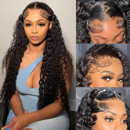 13x6 Deep Wave Lace Front Wigs Human Hair 180% Density HD Transparent Deep Curly Human Hair Wig Pre Plucked Brazilian Virgin Hair with Baby Hair Wet and Wavy for Women Natural Black 20 Inch