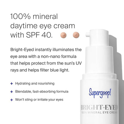 Supergoop! Bright-Eyed 100% Mineral Eye Cream, 0.5 fl oz - SPF 40 PA+++ Hydrating & Illuminating Mineral Sunscreen - Under Eye Cream for Dark Circles & Puffiness - Revives Tired Eyes