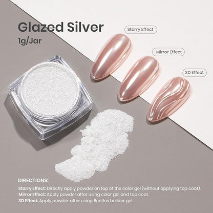 beetles Gel Polish Pearl Aurora Chrome Nail Powder for Gel Nails 1g Glazed Silver Nail Powder Nail Manicure Spring Pastel Nail Art Design Gift for Girls Women DIY Salon