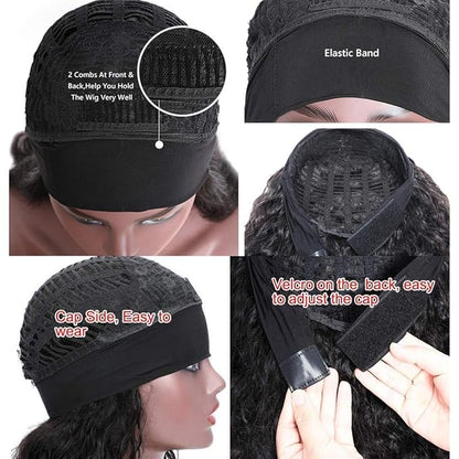 Beauty Forever Headband Human Hair Wigs Water Wave Glueless Human Hair Wigs With Pre-attached Scarf Non Lace Front Wigs for women Natural Color 150% Density 18 Inch