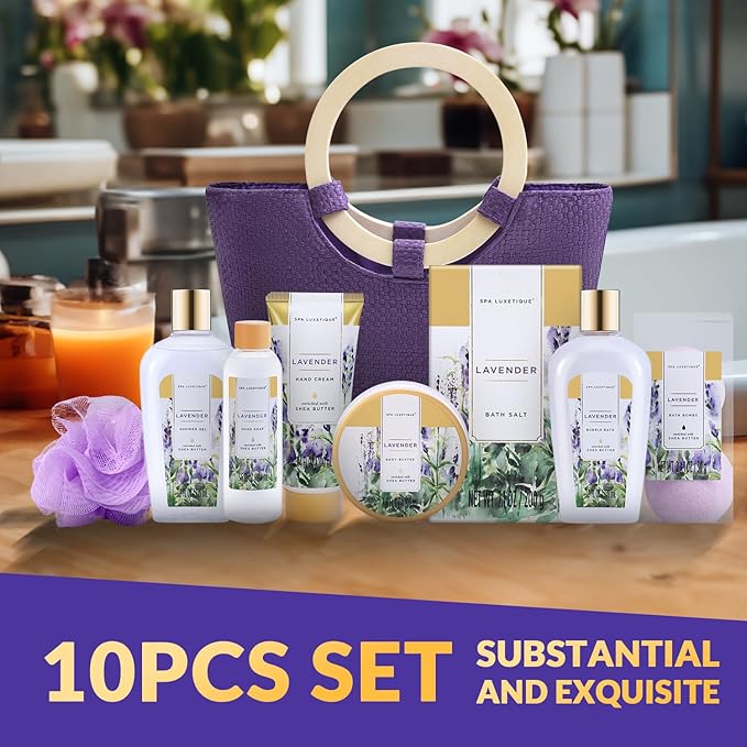 Spa Luxetique Gift Baskets for Women, Spa Gifts for Women - 10pcs Lavender Gift Sets with Body Lotion, Bubble Bath, Relaxing Bath Sets, Mothers Day Gifts for Mom