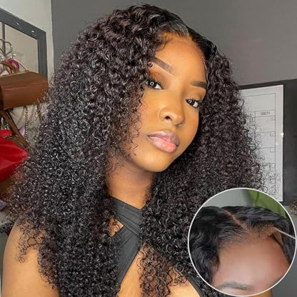 Beauty Forever 7X5 Bye Bye Knots Wear and Go Kinky Curly Wigs Precut Lace Front Wig Human Hair Glueless Wig,Put on and Go Beginner Wigs 150% Density Natural Color 24 Inch