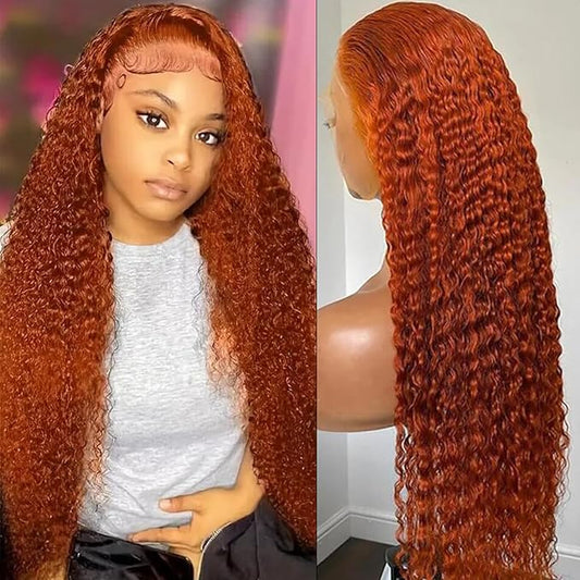 13x6 Ginger Curly Lace Front Wigs Human Hair Orange Ginger Deep Wave Hd Transparent Lace Frontal Wig for Women 180% Density Glueless 350 Colored Jerry Curly Lace Wig Pre Plucked With Baby Hair 22inch