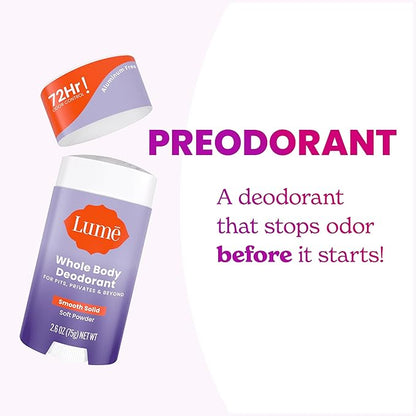 Lume Whole Body Deodorant - Smooth Solid Stick - 72 Hour Odor Control - Aluminum Free, Baking Soda Free and Skin Loving - 2.6 Ounce (Pack of 3) (Soft Powder)