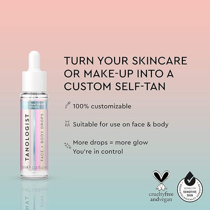 Tanologist Medium Self Tan Drops, Streak-Free Body & Face Tanning Drops, For Moisturizer & Lotion, Natural Bronzing Face Tanner, Skincare Ingredients, 1.01 fl. oz/30 ml Bottle
