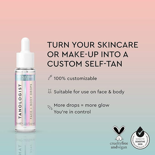 Tanologist Medium Self Tan Drops, Streak-Free Body & Face Tanning Drops, For Moisturizer & Lotion, Natural Bronzing Face Tanner, Skincare Ingredients, 1.01 fl. oz/30 ml Bottle