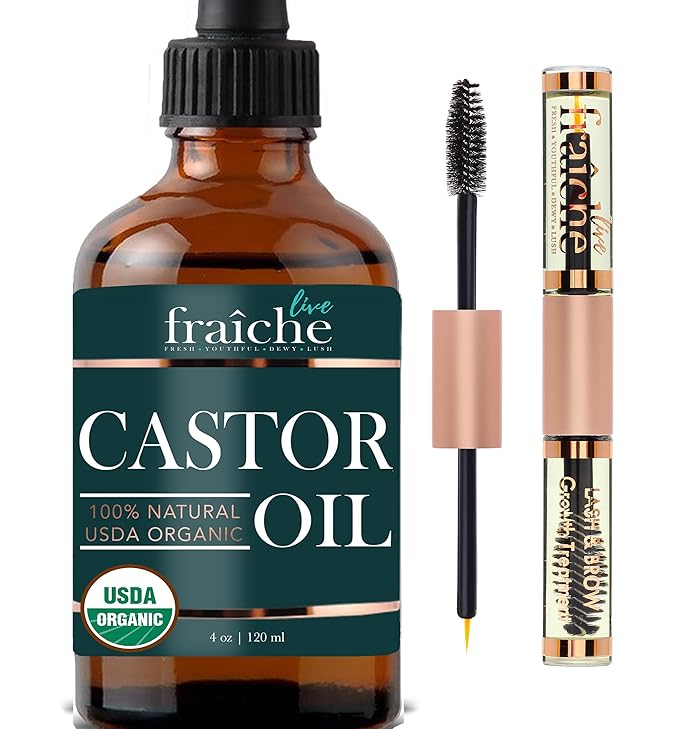 Live Fraiche Organic Castor Oil (4oz) + Filled Mascara Tube, 100% USDA Pure, Cold Pressed, Hexane Free Lash Serum Hair Growth Oil for Eyelashes, Eyebrows, Hair - Brow and Hair Treatment Oil
