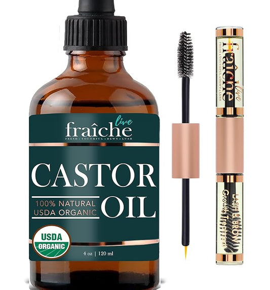 Live Fraiche Organic Castor Oil (4oz) + Filled Mascara Tube, 100% USDA Pure, Cold Pressed, Hexane Free Lash Serum Hair Growth Oil for Eyelashes, Eyebrows, Hair - Brow and Hair Treatment Oil
