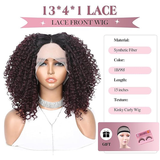 quickwig Curly Lace Front Wigs Short Kinky Curly Wig 13×4×1 HD Glueless Lace Curly Wig Ombre Wine Red Synthetic Lace Wigs for Women Deep Wave Hair (1B/99J)