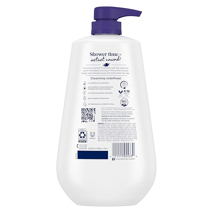 Dove Body Wash 3 Count Unwind Blueberry & Moon Milk For 24hr Lotion-Soft Skin Moisturizing Skin Cleanser with No Sulfates No Parabens