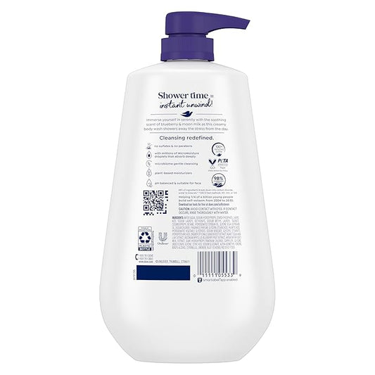 Dove Body Wash 3 Count Unwind Blueberry & Moon Milk For 24hr Lotion-Soft Skin Moisturizing Skin Cleanser with No Sulfates No Parabens