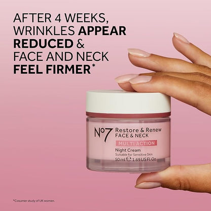 No7 Restore & Renew Multi Action Face & Neck Cream - Nighttime Collagen Peptide Facial Moisturizer - Anti Aging Face Cream Enriched with Hyaluronic Acid, Shea Butter + Vitamin E to Firm Skin (50ml)